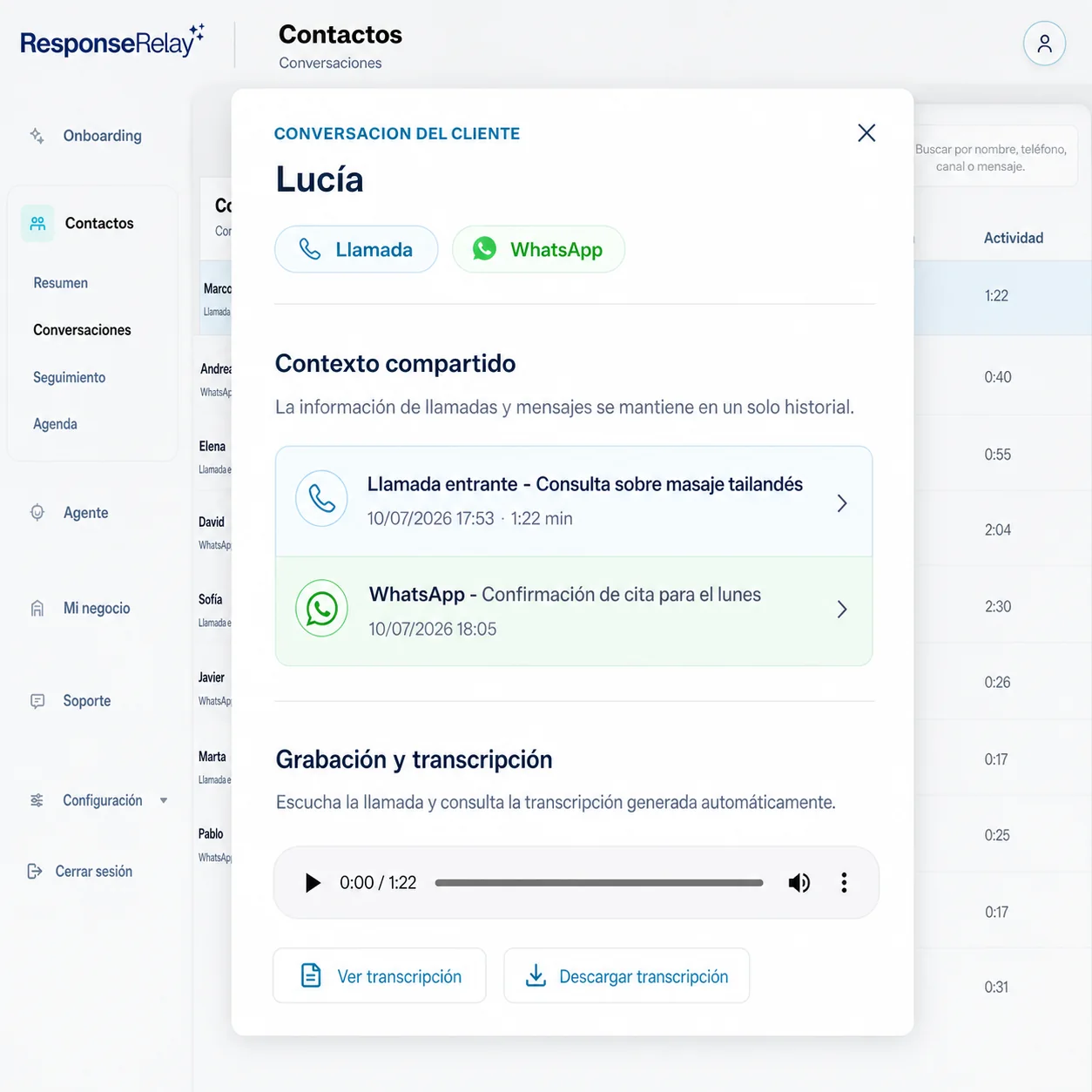 Conversación de cliente con llamadas y WhatsApp en un mismo contexto