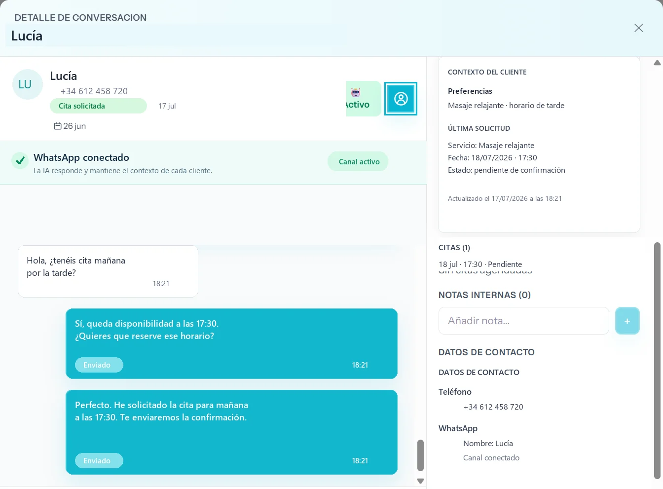 Panel de ResponseRelay con el contexto y la cita de una conversación de WhatsApp