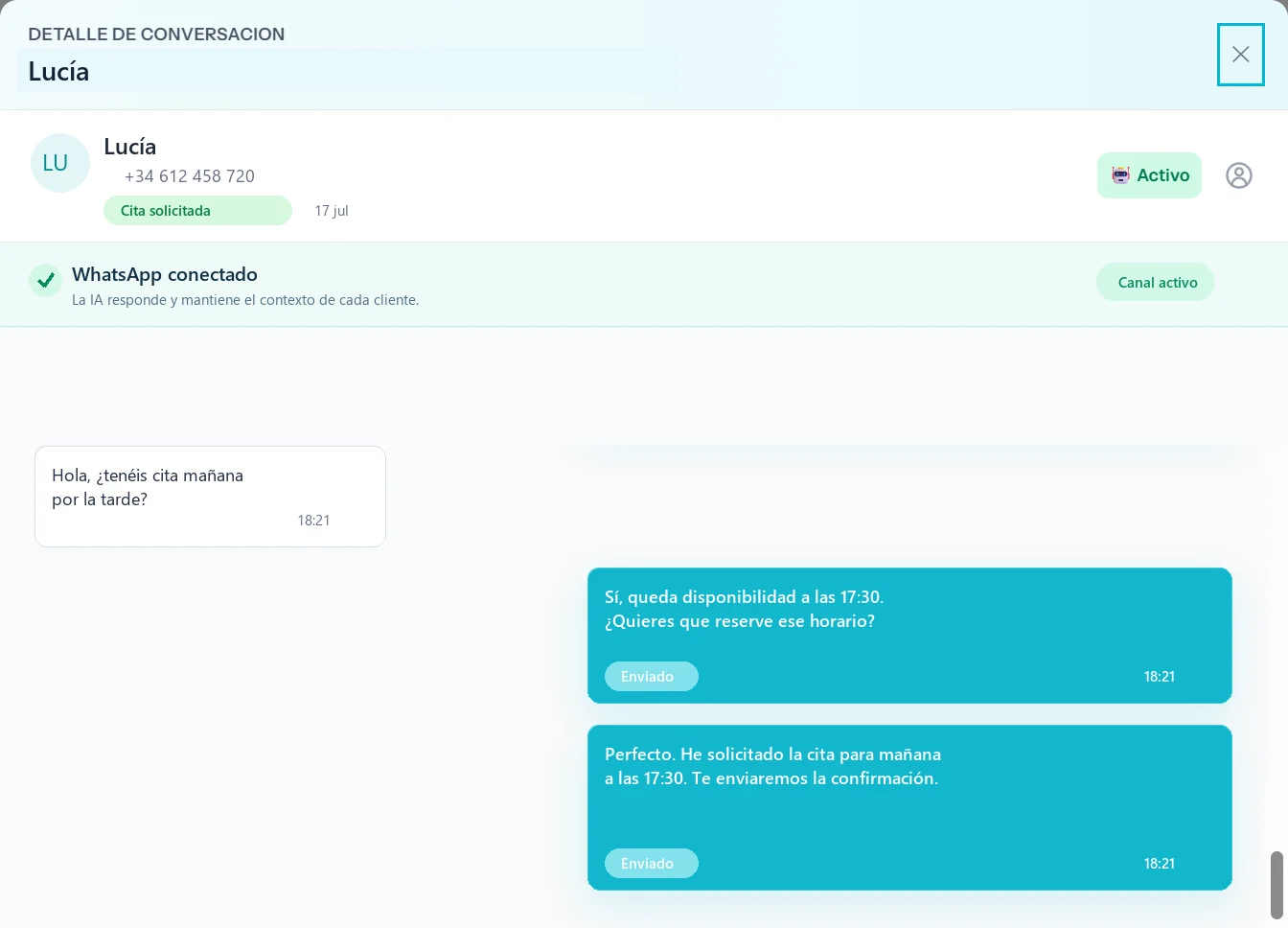 Conversación de WhatsApp atendida por la recepcionista virtual de ResponseRelay