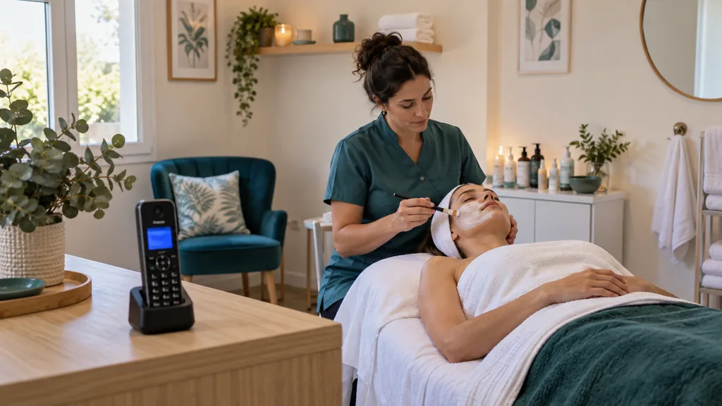 Una profesional realiza un tratamiento facial mientras un teléfono permanece en su base en primer plano.