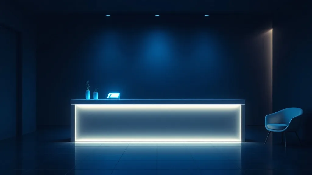 Recepción vacía de una clínica de estética por la noche, con un teléfono iluminado sobre el mostrador